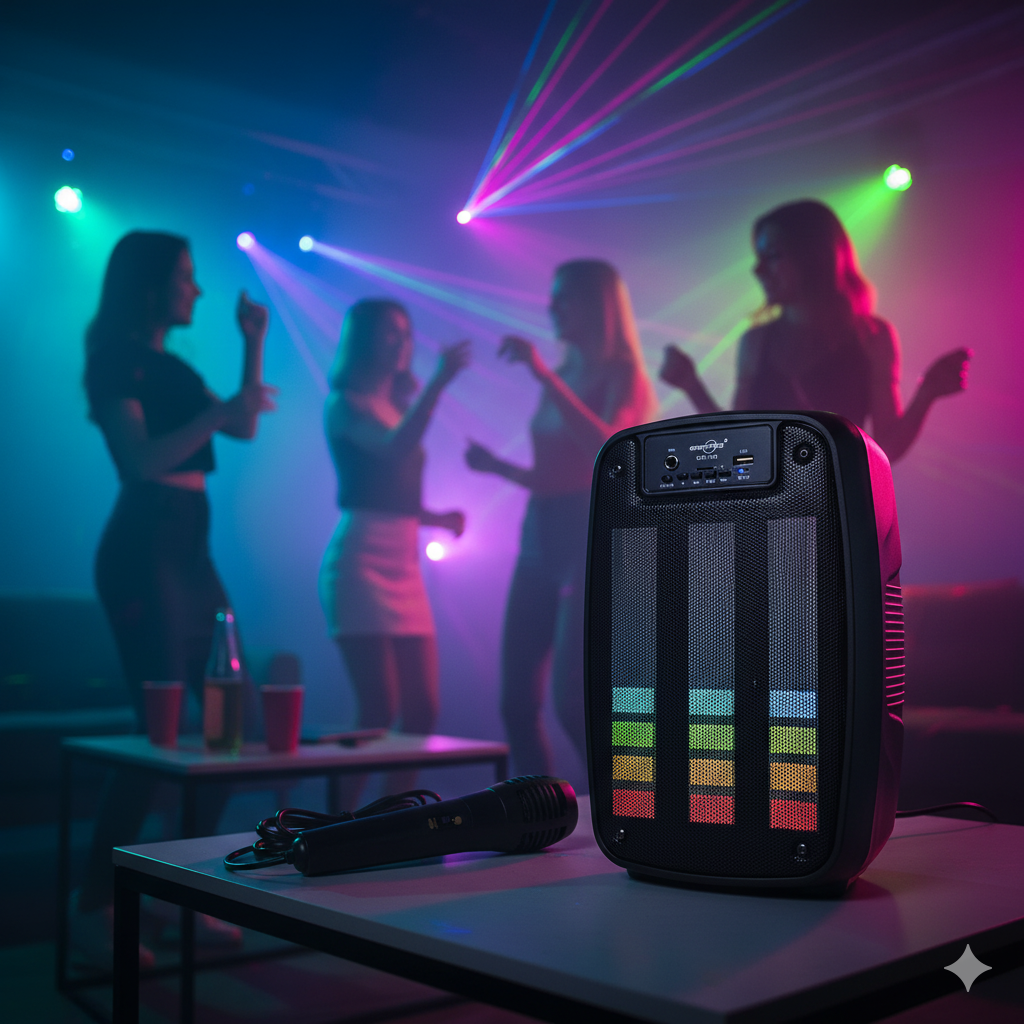 PARLANTE BLUETOOTH KARAOKE CON MICRÓFONO Y LUCES LED